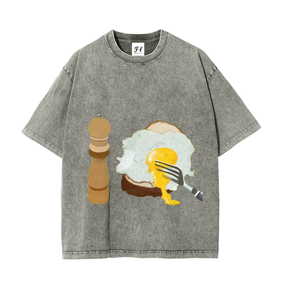 Artistic Vintage Washed Crew Neck T Shirt with Breakfast Illustration Life Style Fun Design  LightweightComfort Fit Daily Wear