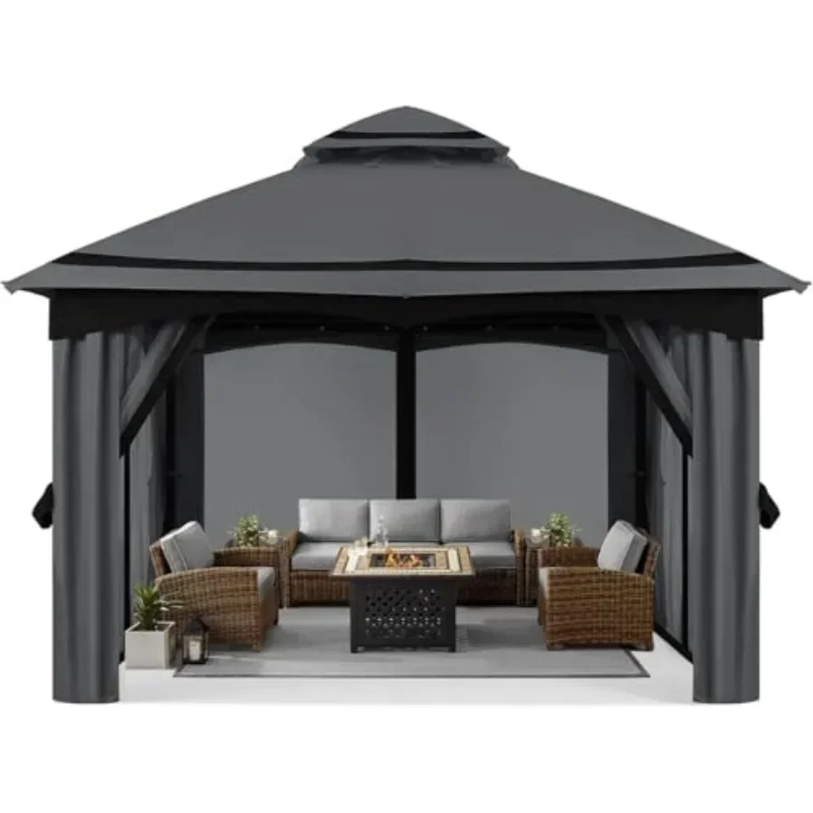 10x10FT Outdoor Patio Gazebo with Mosquito Netting for Backyard Patio Garden Weatherproof Polyester in Beige Built-in Mosquito