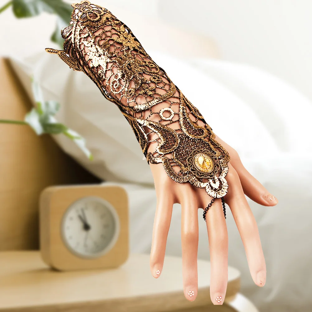 Elegant Classical Lace Gloves with Ring for Women Beautiful Lightweight Bracelet Design Eye Catching for Any Occasion Golden