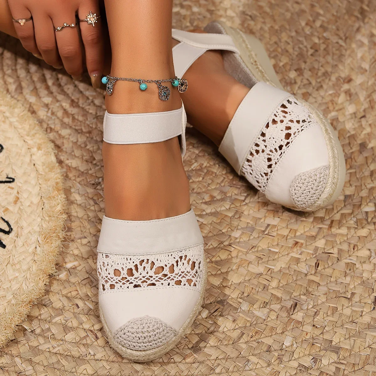 New Women Wedge Heel Espadrilles Closed Toe Slingback Platform Shoes Braided Espadrille Ankle Strap High Heeled Sandals