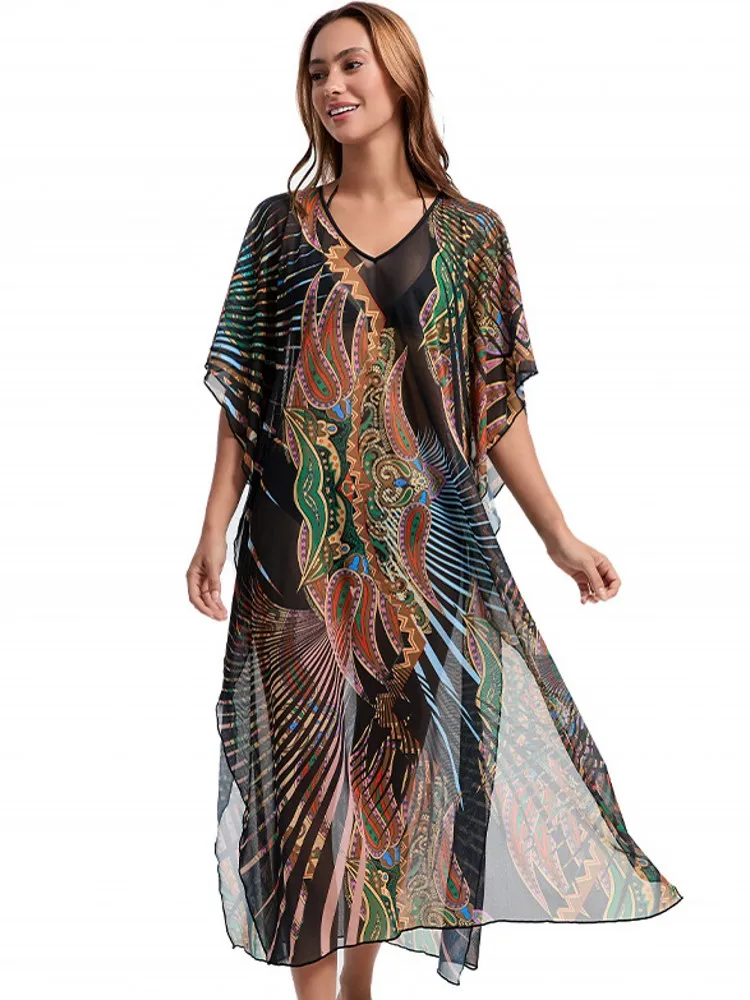 Summer Cover Ups Women Swimsuit Half Sleeve Robes Bathing Suit 2026 New Print Beach Holiday Leopard Mesh Midi Dresses Cover-Up