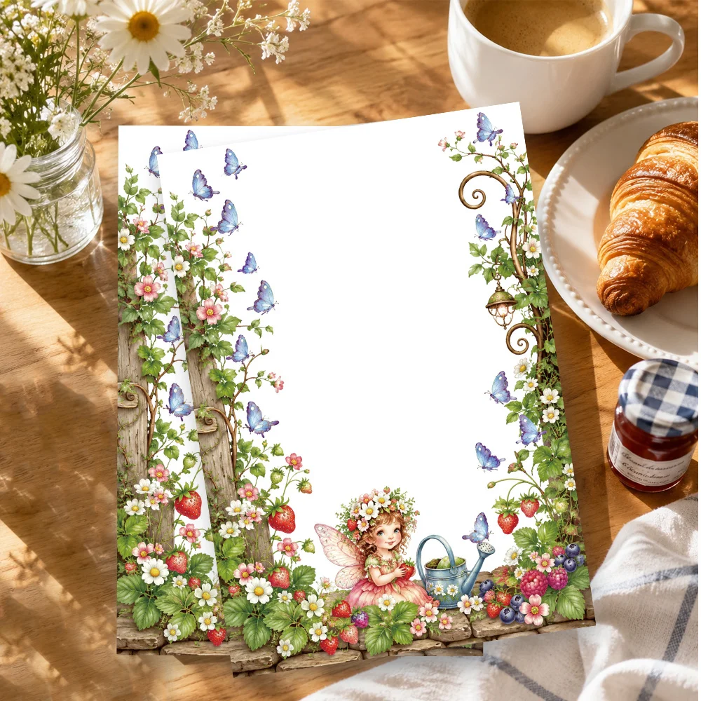 30 Sheets, B5 Strawberry Garden Elf Themed Writing Paper, Lined, No Glue, Perfect For Notebooks, Memos, And Stickers