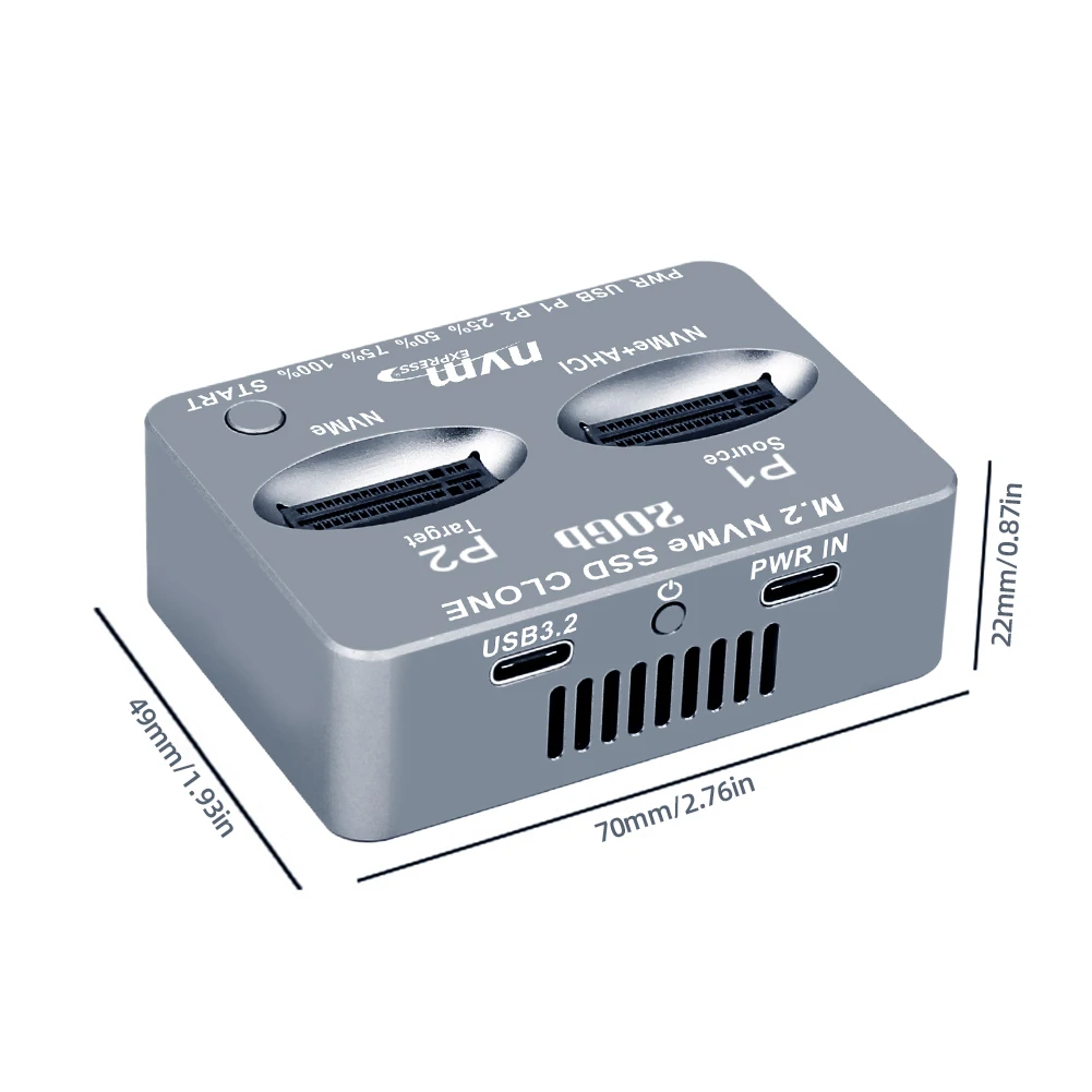 M.2 NVME SSD Clone USB3.2 Tipo C Dual-Bay Caixa de disco rígido externo Gen2X 20Gbps M.2 SSD Gabinete M/B M Chave M.2 M.3 NVME PCI-E