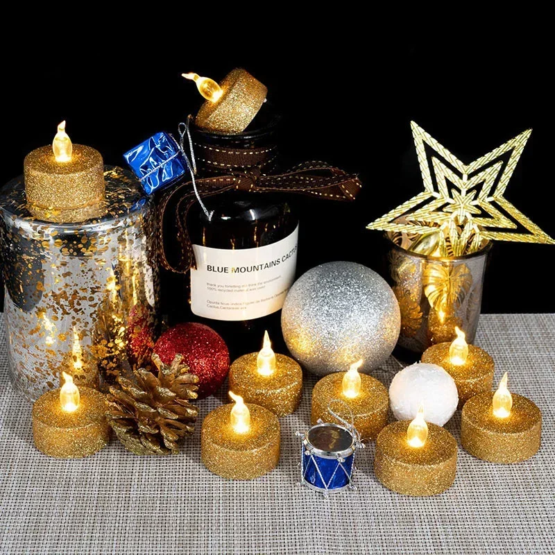 12/3Pcs Gold Powder Candles LED Flash Candles Lights Flameless Glitter Tealight Candles for Birthday Party Wedding Decorations