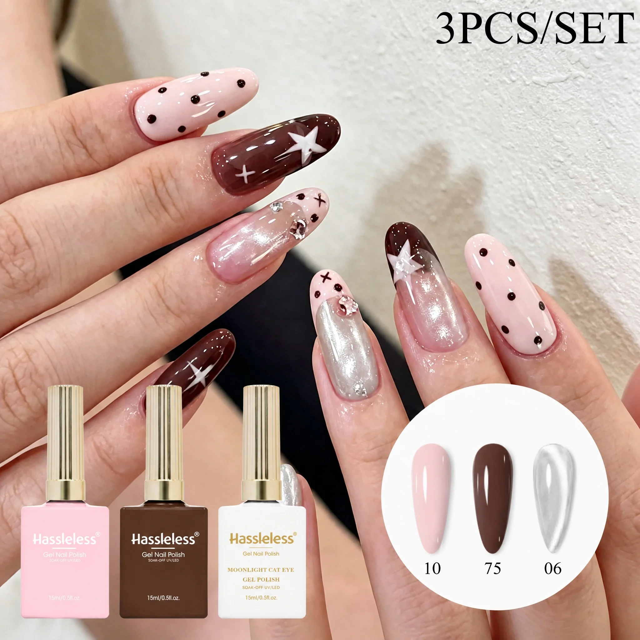 Hassleless 3Pcs Solid Color + Cat Eye Nail Polish Gel Set, Alcohol-Free, Hypoallergenic, Long-Lasting, Suitable for Home Use and Nail Salons, Women's Gift