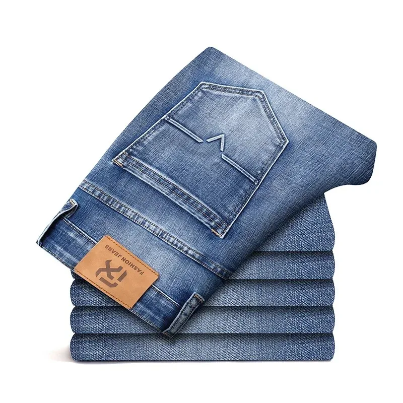 2026 Regular Fit Jeans Classic Style  Spring Summer New Men's Light Blue Stretch Denim Fabric Pants Male Brand