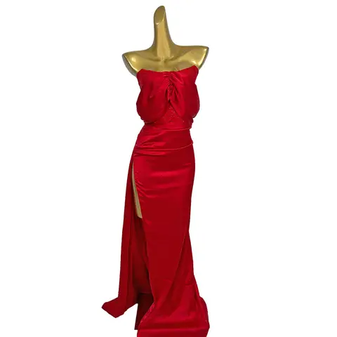 봄 Strapless 드레스 레드 실크 라인 석 슬릿 드레스 칵테일 파티 발렌타인 데이 성인식 파티 드레스 H1278
