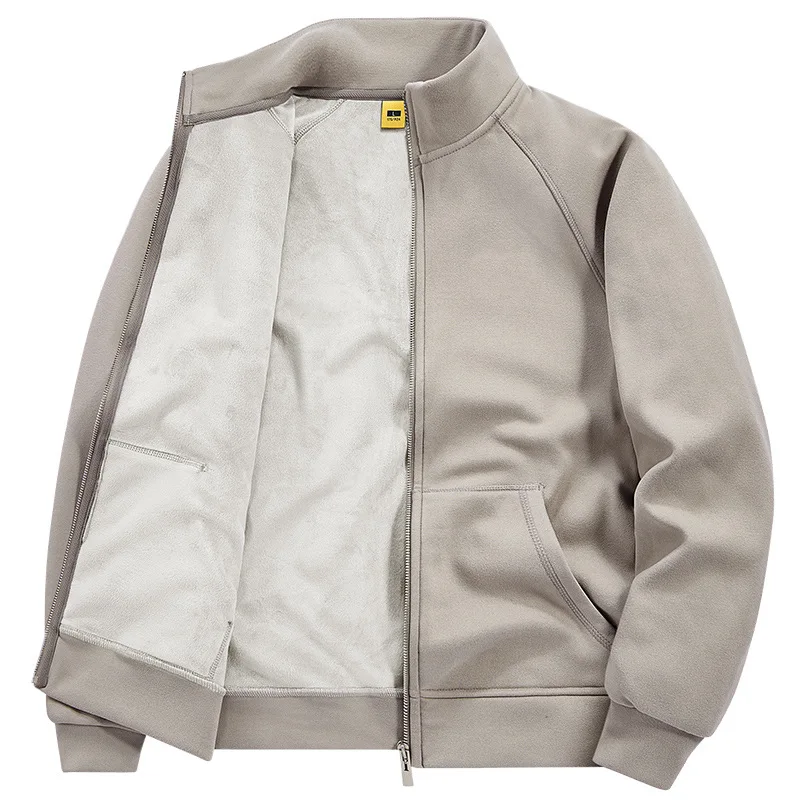 2025 Autumn Winter Man Plush Coat Simple Solid Color Zipper Male Outerwear Stand Collar Long Sleeve Loose Versatile Men Jacket