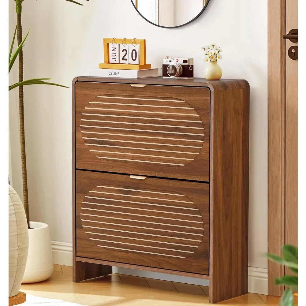 

Shoe Storage Cabinet for Entryway with 2 Flip Drawers, Freestanding Wood Shoe Cabinet with Arched Stripe Panel, Curved Ed