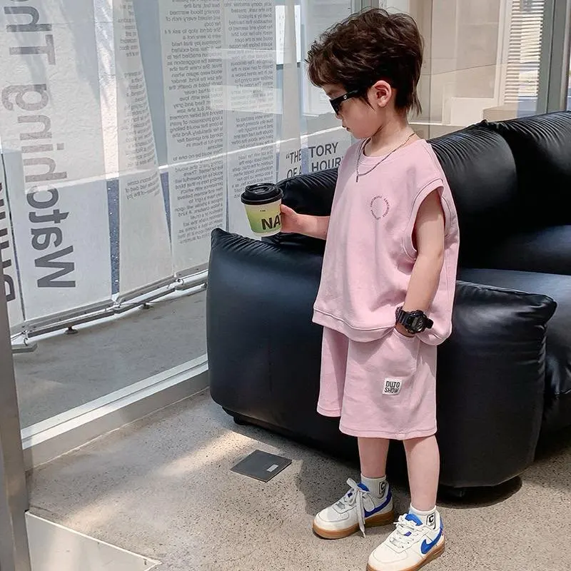 

Boys' Summer Set Fashion New Style Children's Sleeveless Pure Cotton T-shirt+Shorts 2-piece Set