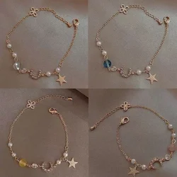 Girls Sweet Zircon Star Moon Pearl Bracelet Simple Geometric Fashion Women Gold Color Chain Bracelets Elegant Jewelry
