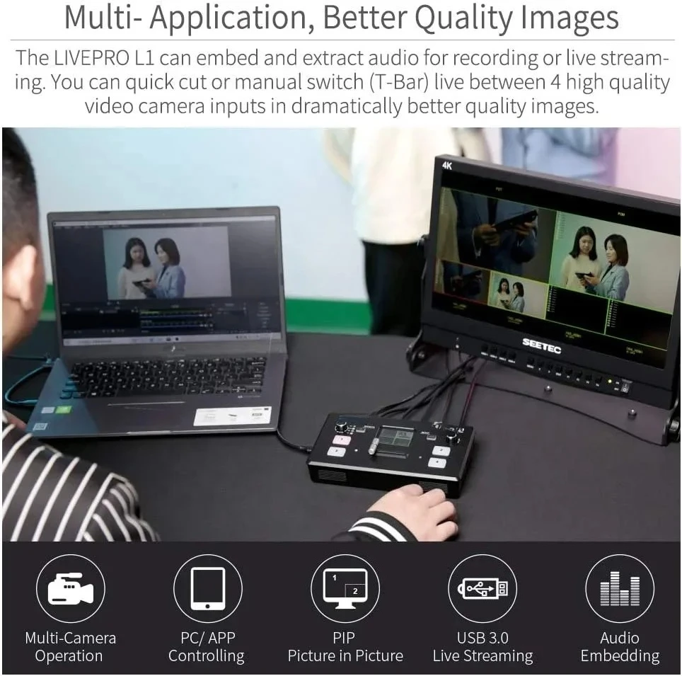 Display L1 V1 Multi camer Video Mixer Switcherh 4 x Inputs USB 3.0 Output Format Real Time Live Streaming Lightweight