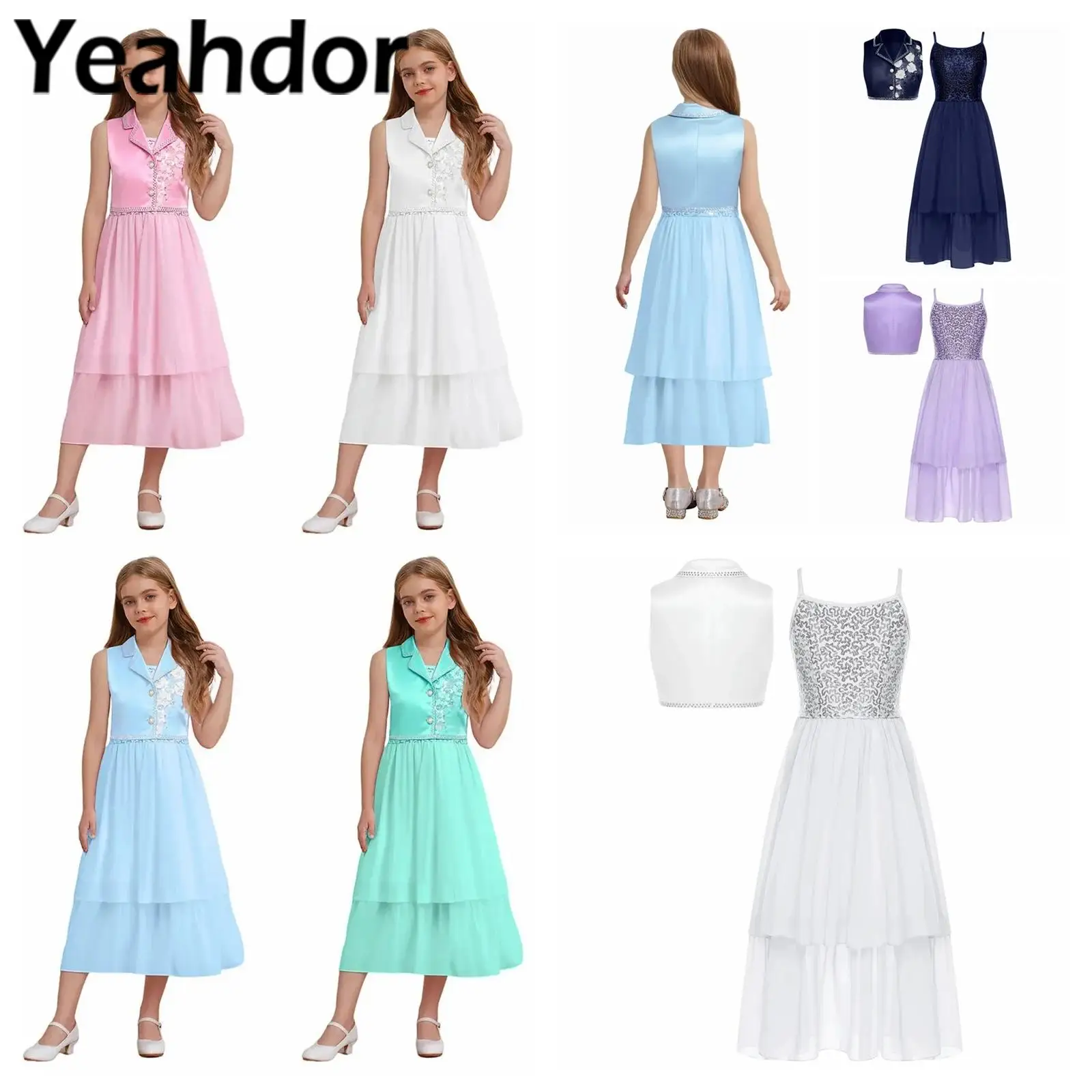 

Party Dress for Girls Banquet Outfits Formal Costume First Communion Birthday Wedding Pageant Dress with Rhinestone Bolero