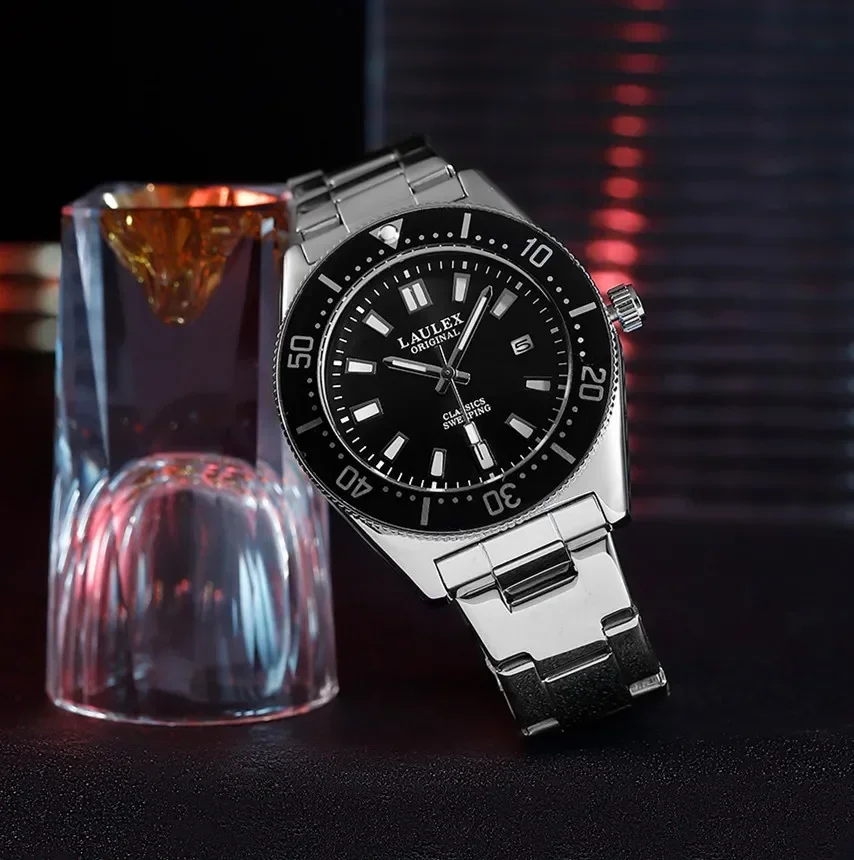 جديد LAULEX الفاخرة للرجال المسح التلقائي بالكامل المستوردة ساعة يد تعمل بالحركة الياقوت كريستال تاريخ Shouus مقاوم للماء ساعة كوارتز