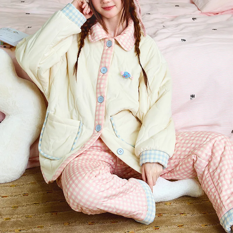 

Женская домашняя одежда, пижамы, осенне-зимняя утолщенная теплая одежда для дома, женская трехслойная хлопковая подкладка, которую можно носить в качестве верхней одежды