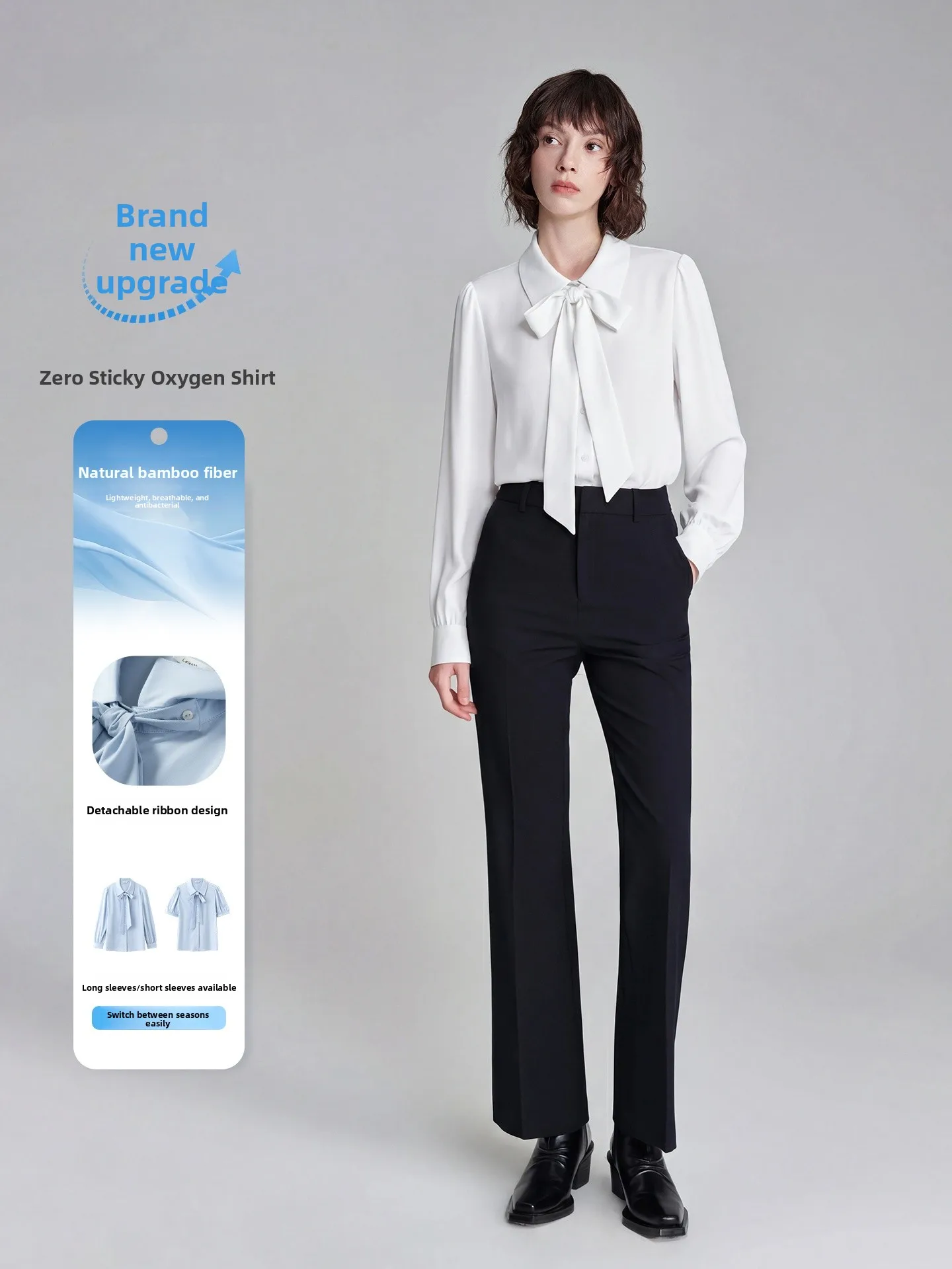 Breathable Bamboo Fiber Shirt Women's Removable  Knot Interview Formal Set Long Sleeve Polyester Viscose Spandex Blend