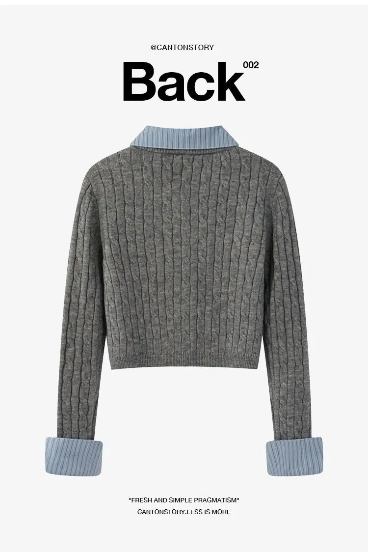 Grey Fake Two-Piece Spliced Polo Collar Long Sleeved Knitted Sweater for Women Autumn Winter College Style Short Outwear Top