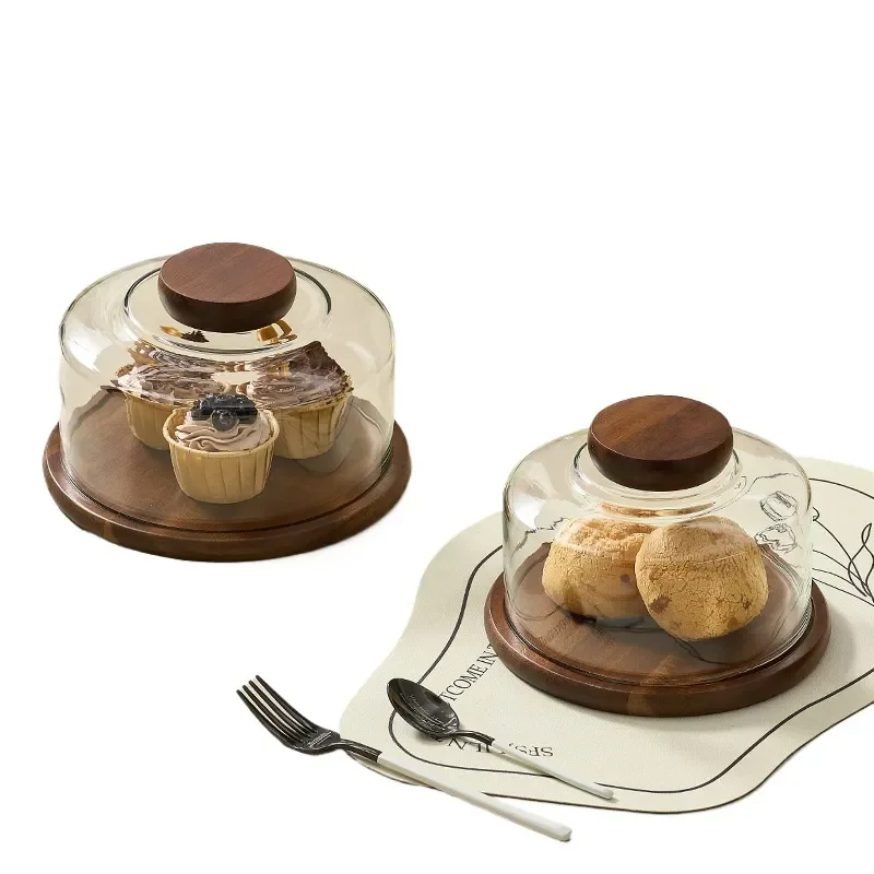Wooden Cake Tray with Glass Dome Cover Dessert Display Stand for Bread Snacks Tasting Platter Kitchen Party Serving Board