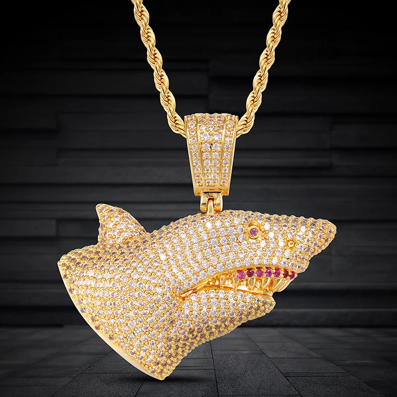 Iced Out Shark Couple Pendant Necklace, Unisex Full CZ Diamond Hip Hop Jewelry, Matching Rapper Accessory