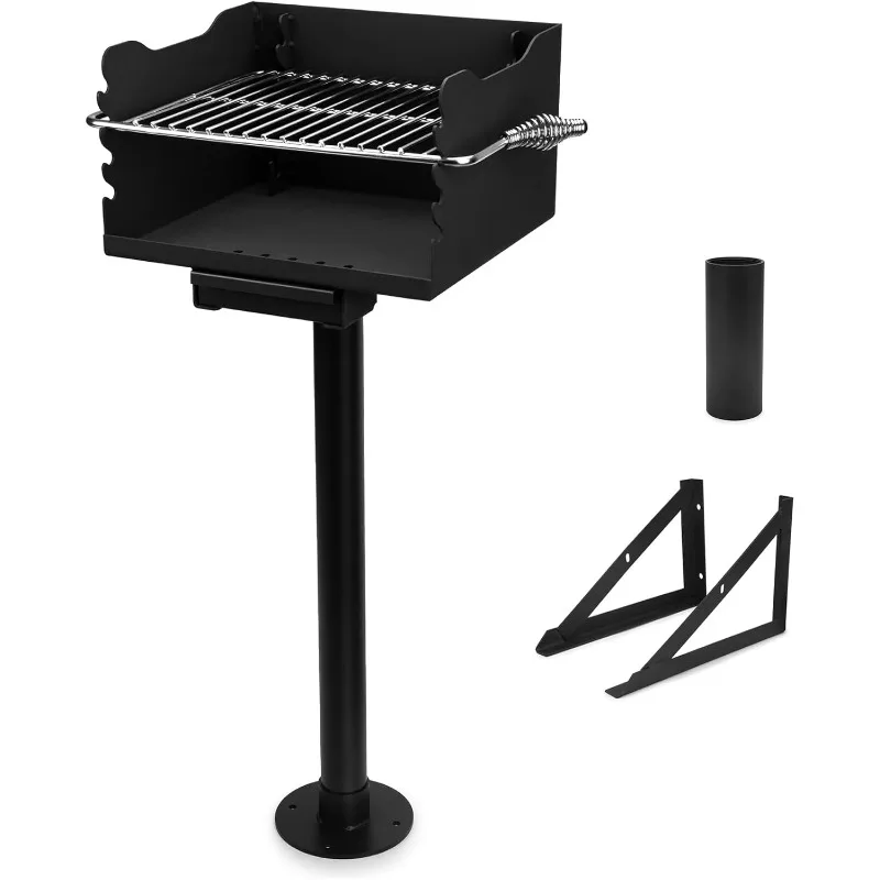 

Park-Style Charcoal Grill, Heavy Duty Steel Outdoor BBQ Park Grill with Stainless Steel Cooking Grate and Post for Backyard or