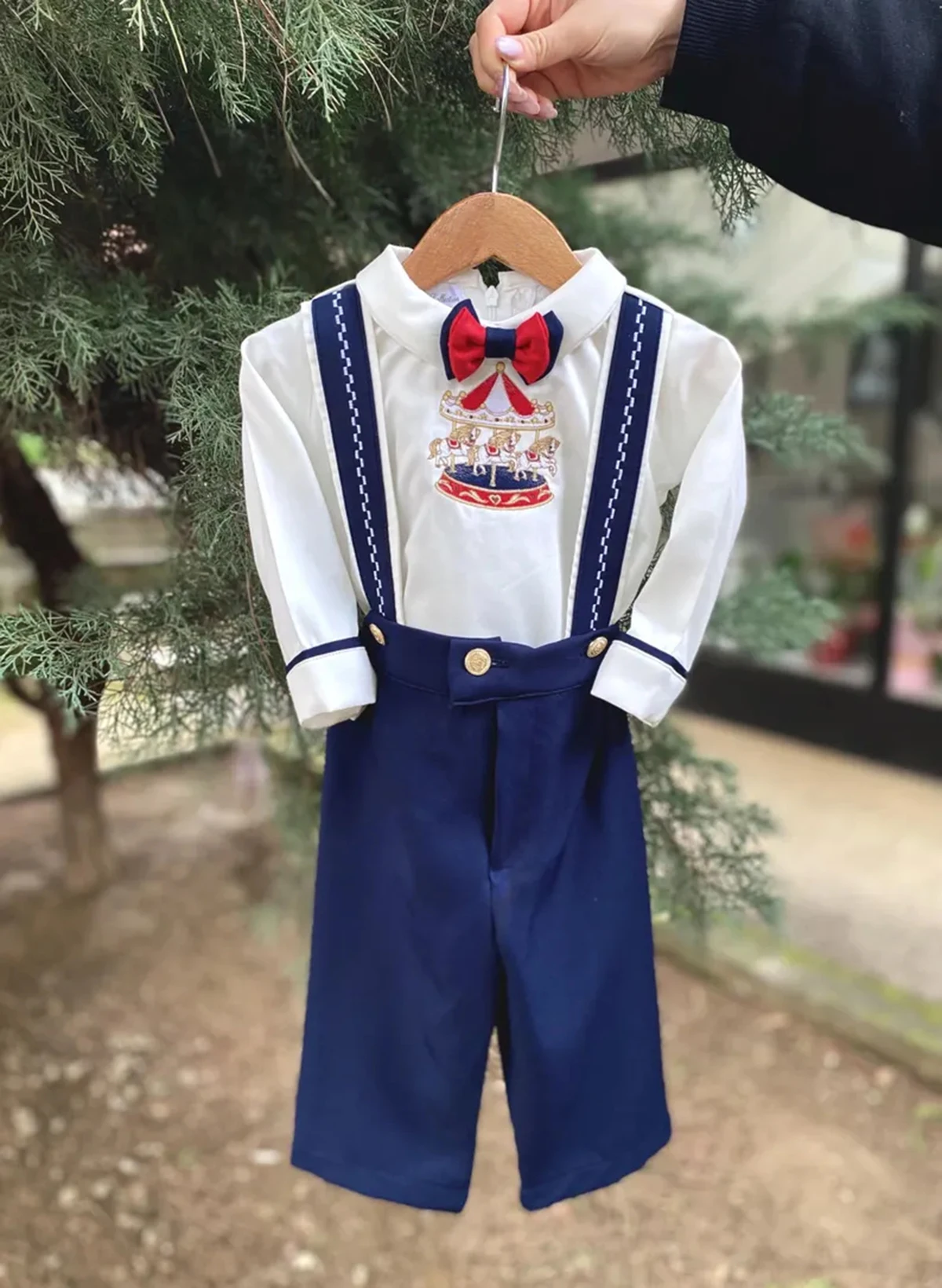 0-6Y Baby Boy Spring Autumn Long Sleeves Carousel Embroidered Red Tie Navy Blue White Outfit Suit for Party Birthday Holiday