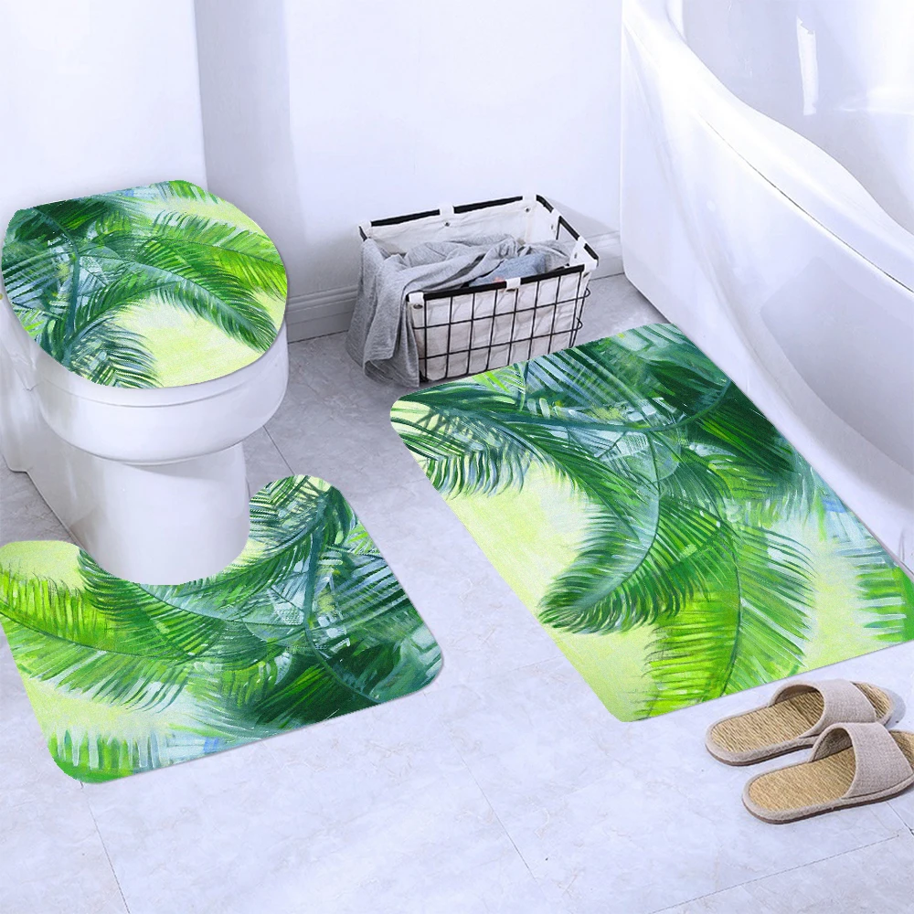 Green Leaves Printing Shower Curtain Tropical Plants Palm leaves Bathroom Curtains Anti-slip Bath Mat Set Toilet Rugs Carpet