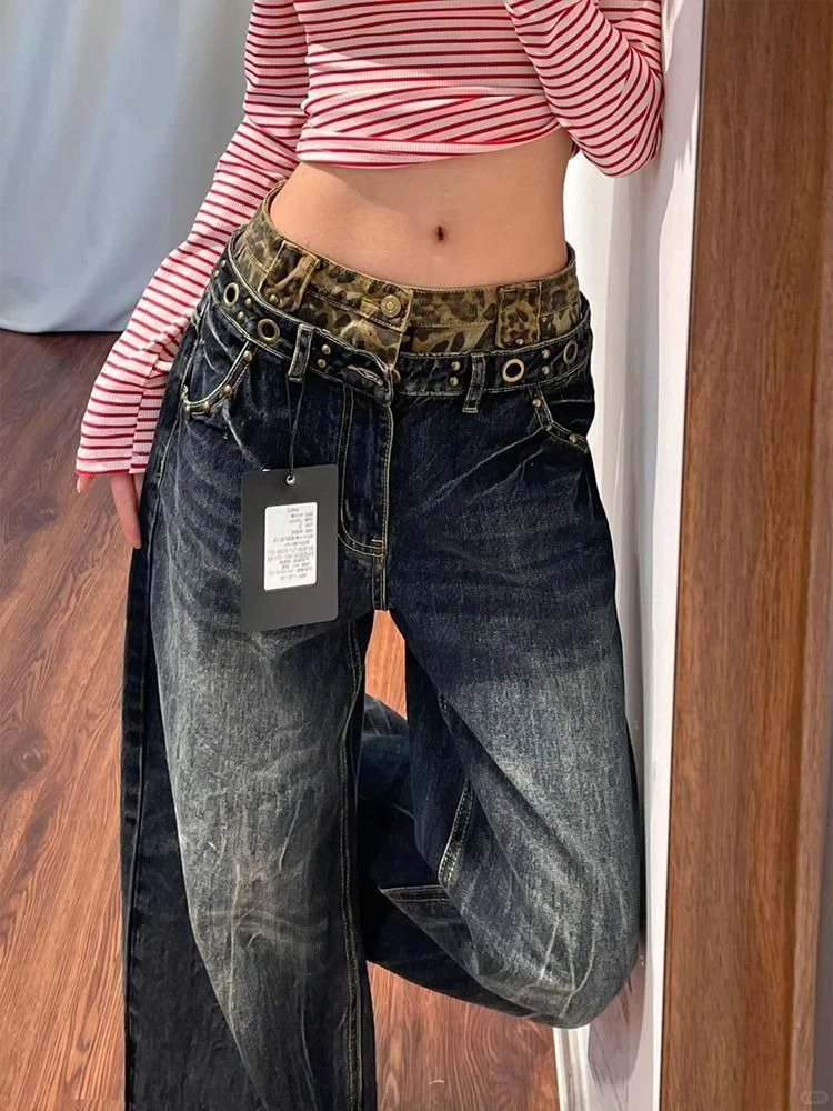 American Vintage Leopard Print Double Waistband Straight Full-Length Jeans High Waist Y2k Retro Bodycon Long Denim Pants 2026