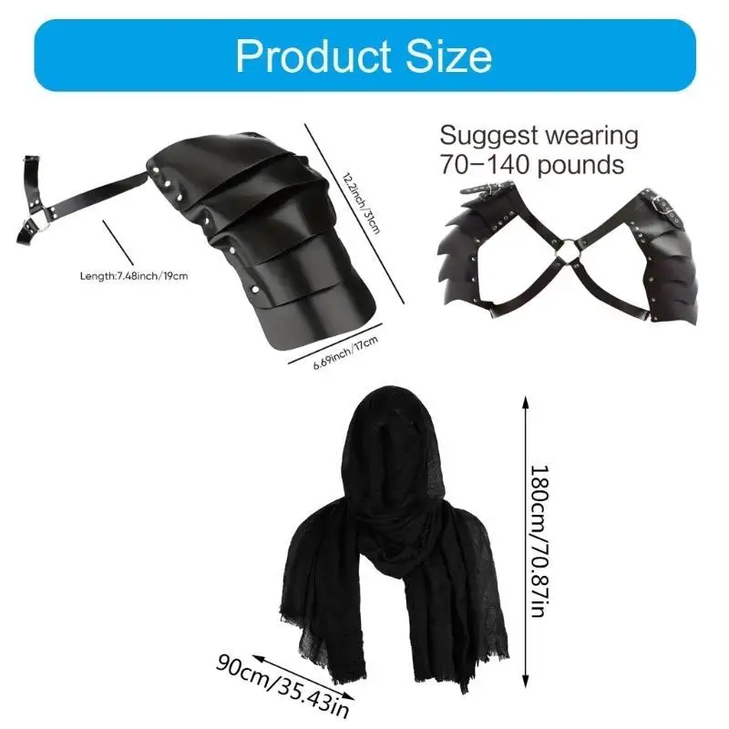 39BD Mittelalter-Kostümset für Herren, bestehend aus Kunstledergürtel, Schulterpanzern, Armschienen und Schal für LARP und