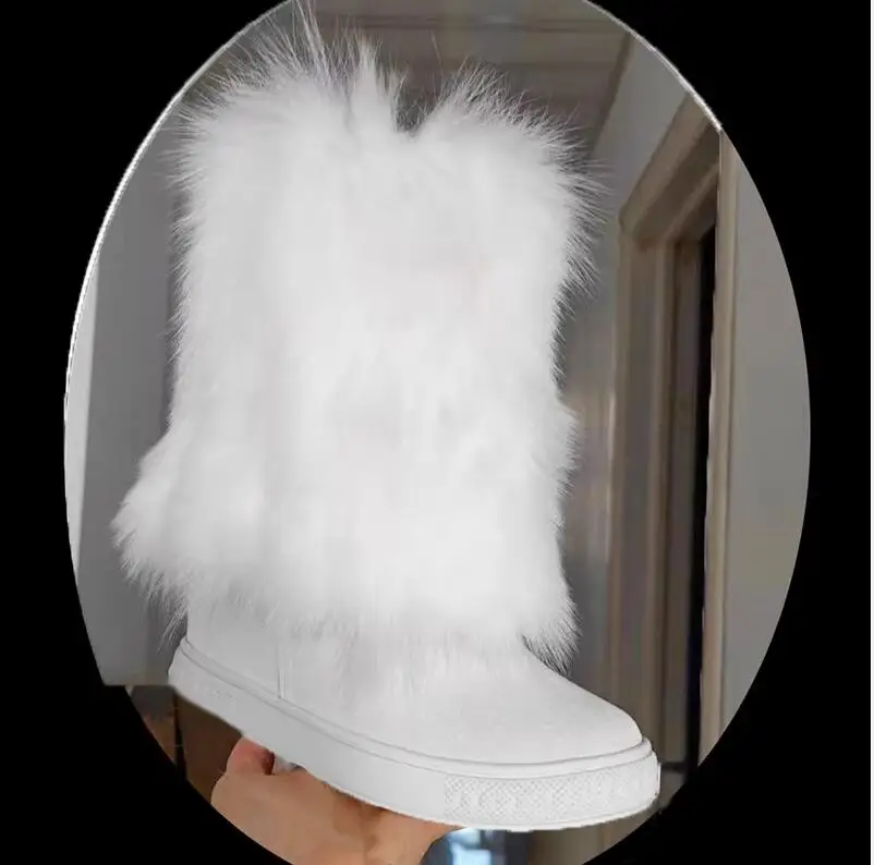 Fashion Black White Real Fox Fur Snow Boots 8cm Inner Wedge Increased Sole Mid Boots Winter Full Fur Boots Woman Booties