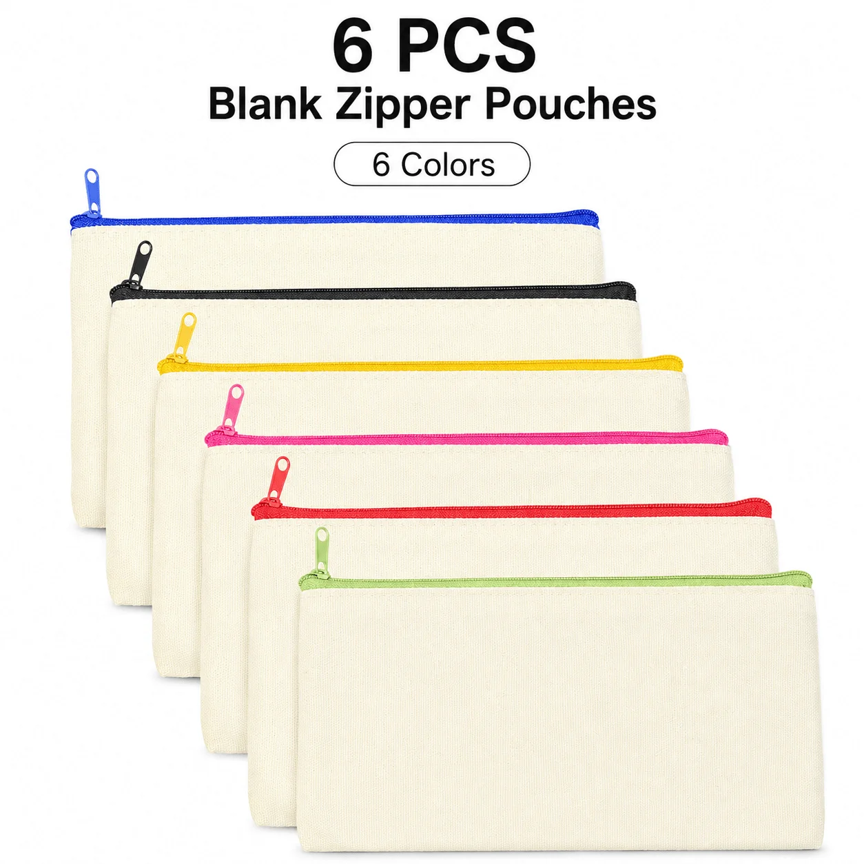 6/12PCS Sublimation Zipper Pouches, 21 X 12cm Heat Transfer Bags with 6 Color Zippers for DIY Cosmetic & Pencil Cases