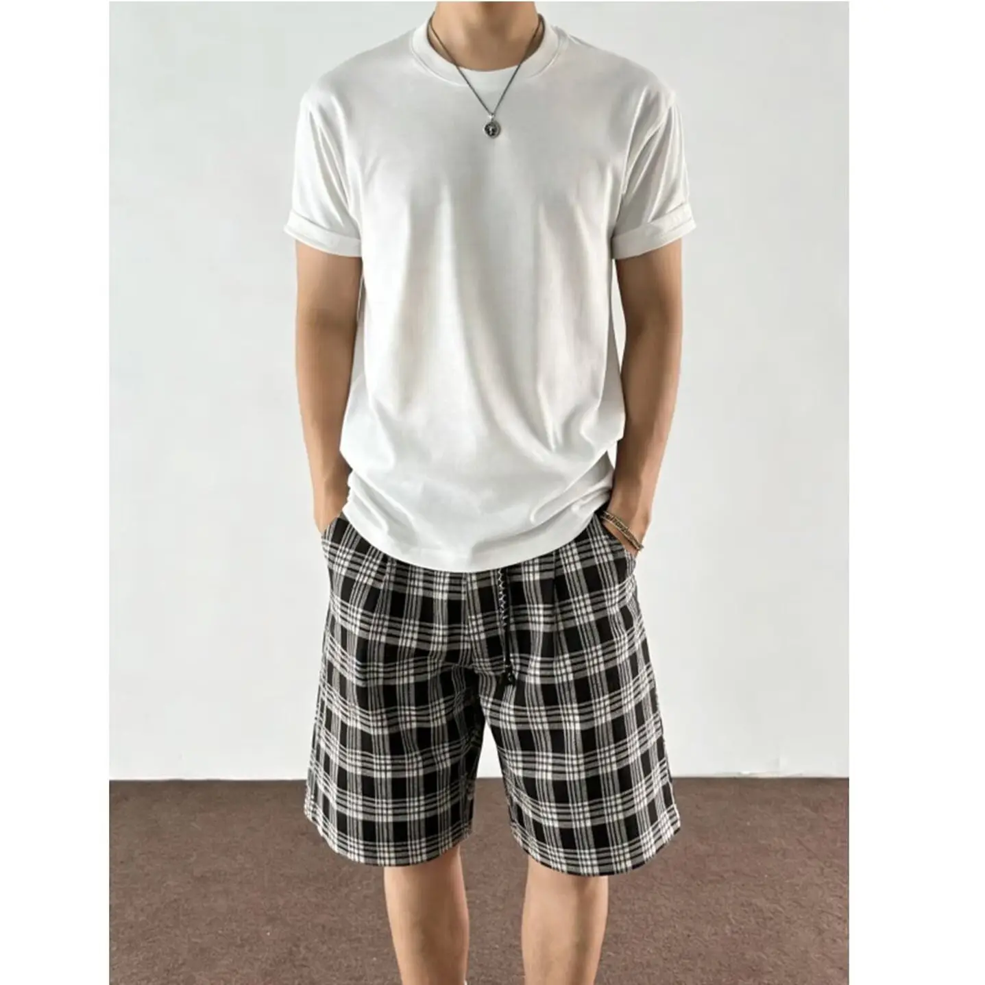 Men's Retro Grid Thin Shorts 90s Sporty Boys Straight Wide Leg Casual Bottom Summer Mini Pants Male Knee Length Trousers