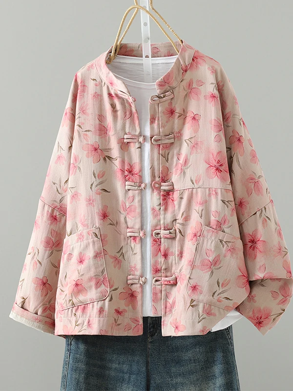 

New Chinese Sle Artistic Retro Printed Button up Cardigan Loose Cotton Linen ort Jaet Spring Season Zen Buddhist Trend