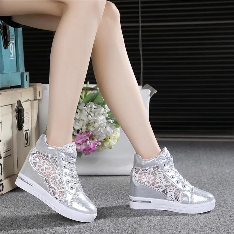 Summer New Ladies Lace Casual Shoes Ladies Breathable Mesh Sports Flats Lace Loafers High Heels Platform Wedge Ladies Shoes