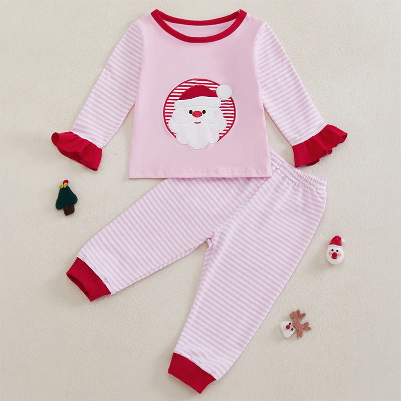 Toddler Girls 2-piece Set Festive Long Sleeve Santa Claus T-shirt with Matching Striped Pants for Christmas Celebration