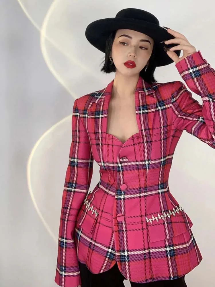 Design Rhinestone Plaid print blazer for women 2025 Spring fall Square collar Single breasted jacket Slim Elegant INKEO 5O002