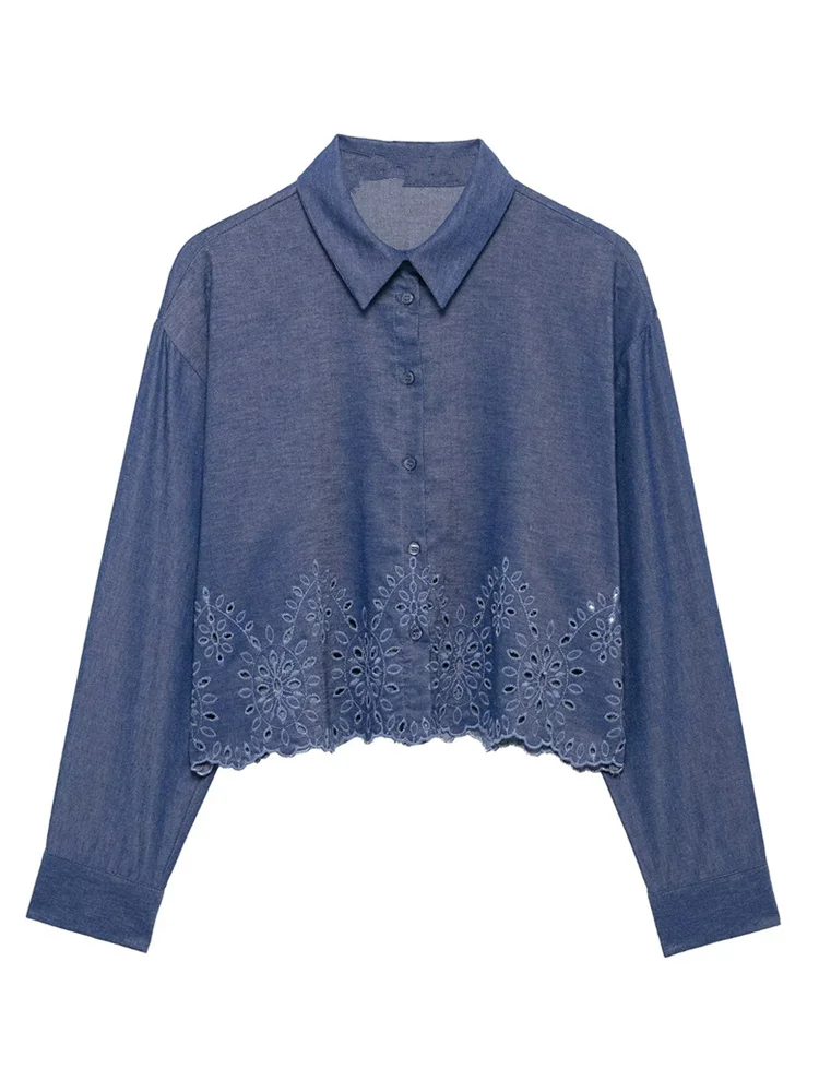Zevity Women Fashion Hem Hollow Out Embroidery Breasted Casual Blouse Female Long Sleeve Shirt Chic Chemise Blusas Tops LS2612