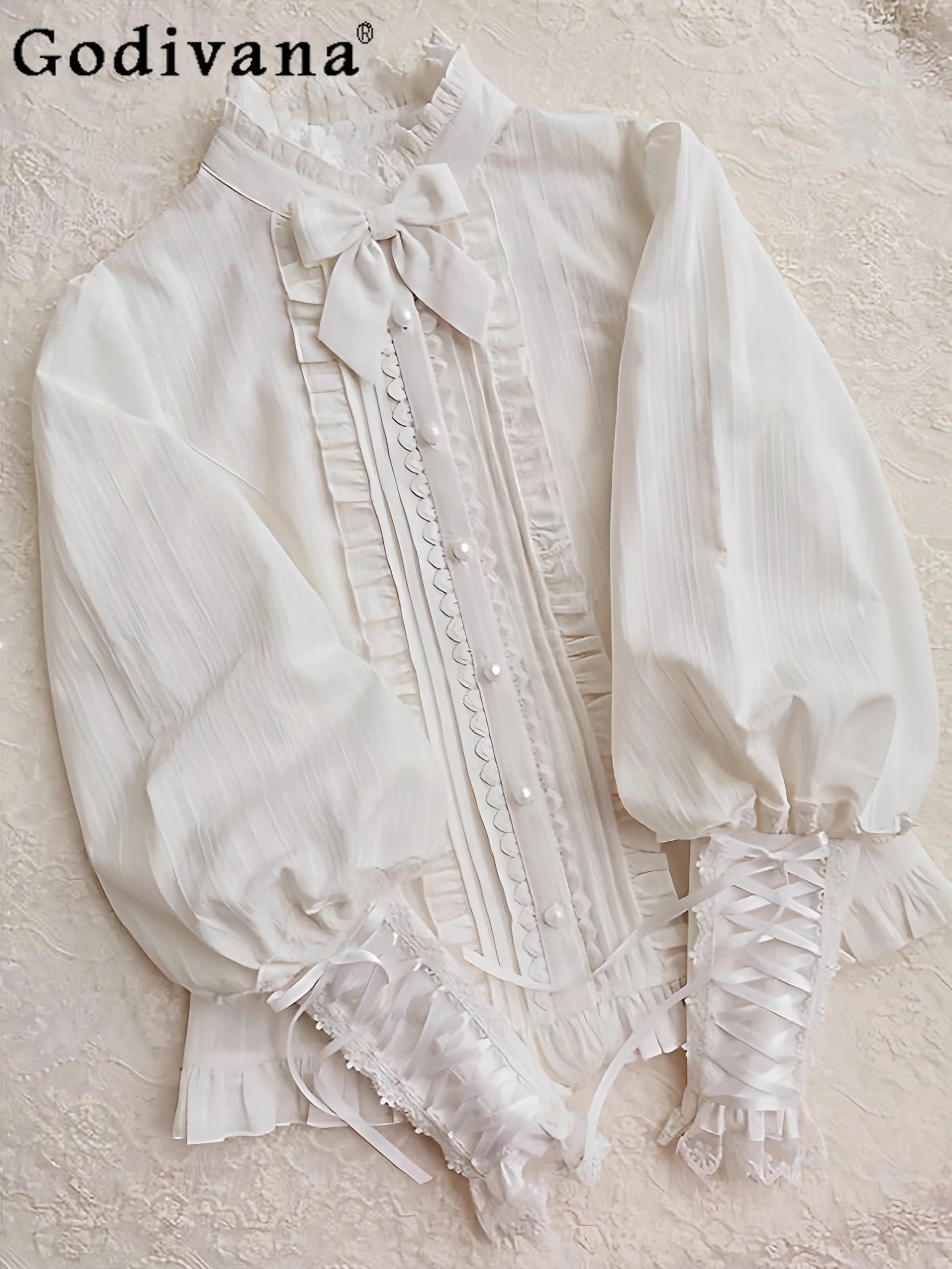 

Осень и зима Новая французская элегантная рубашка с длинным рукавом Женская облегающая рубашка с милым кружевным бантом Лолита Внутренние блузки Мягкие топы для девочек Lo