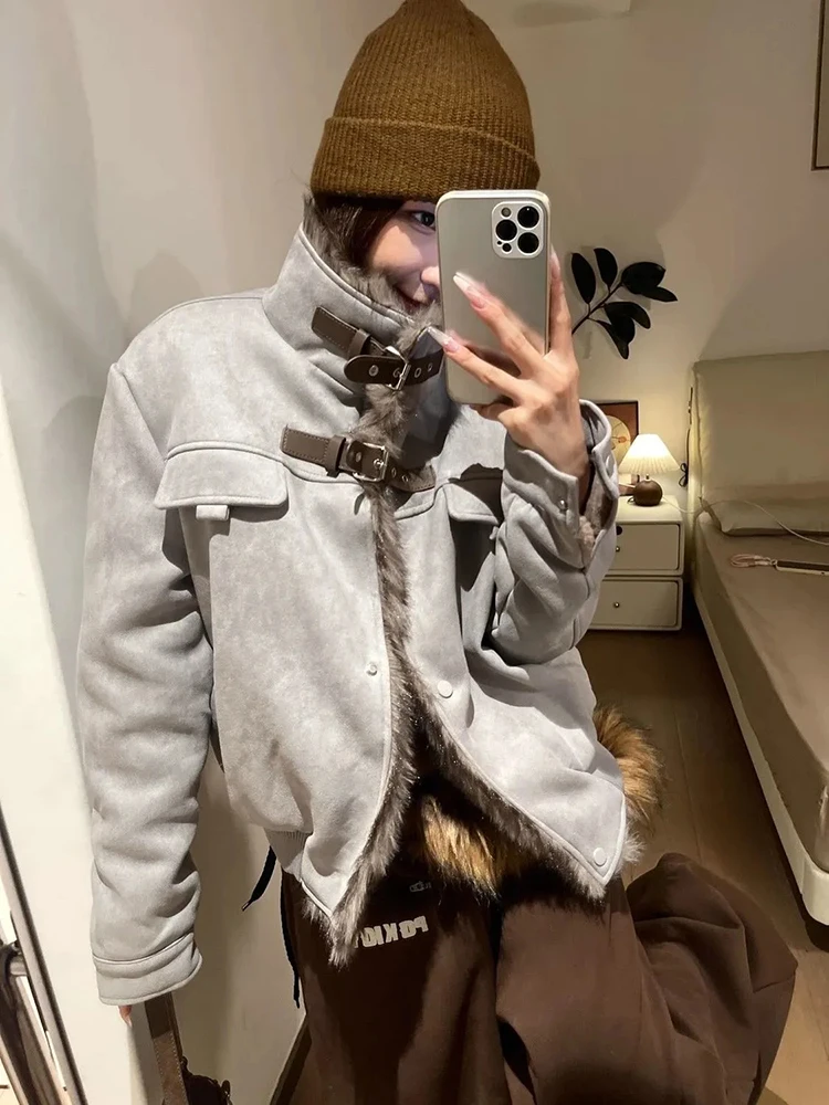 Streetwear Stand Collar Jacket Women Autumn Winter Vintage Hairy Patchwork Coats Loose Casual Hottie Y2K Thick Warm Outwear New