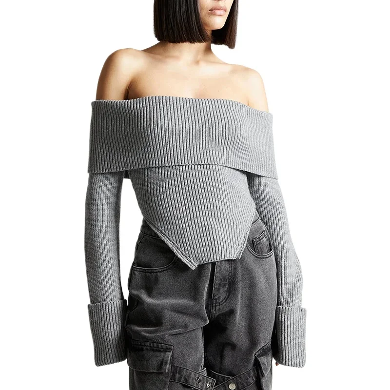 Ladies Ladies with All The Sweaters Spring New Chest Micro Design Side Waist Slit Long Sleeve One Line Collar Pullover Sweater