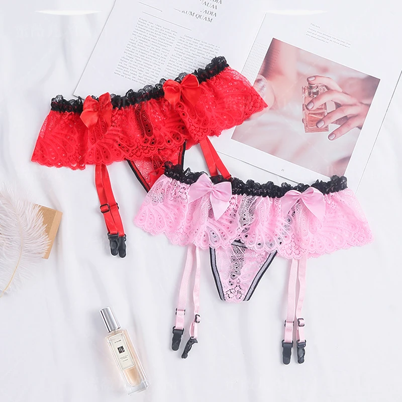 Gay Men's Lace Bowknot Sissy Panties G String Crotchless Women T Back Briefs Underwear with Garter Belt Thongs