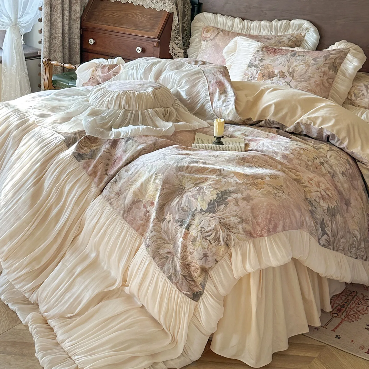 French Oil Painting Princess Style 100% Cotton 4 Piece Bedding Set,Bed Skirt Design with Glass Yarn Lace, Luxury Duvet Cover Set