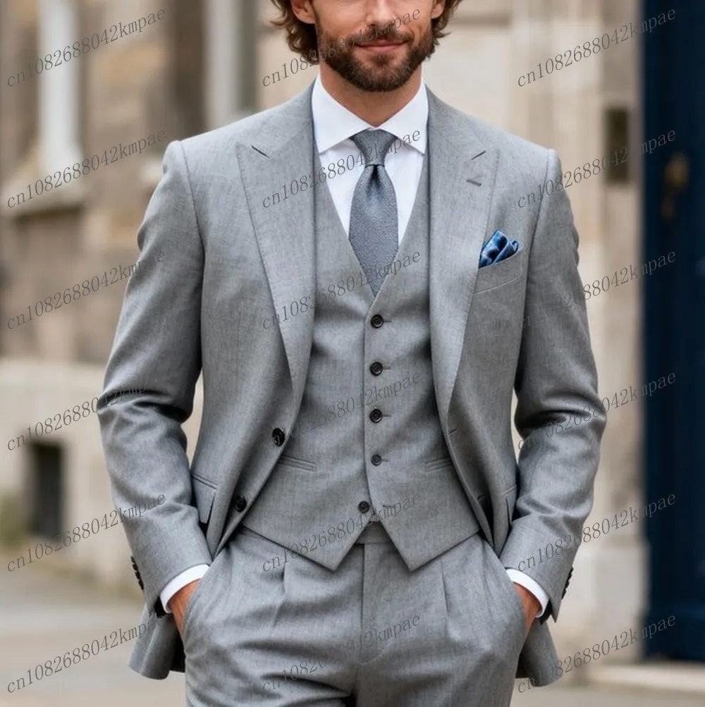 

New Grey Men Suits Formal Groom Groomsman Wedding Party Prom Business Male Tuxedos Customize 3 Piece Set Blazer Vest Pants