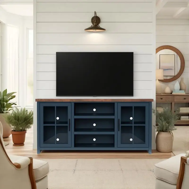 

67" TV Stand Console for TVs up to 80", No Assembly Needed, Blue Denim & Whiskey Finish, Stylish & Functional Design