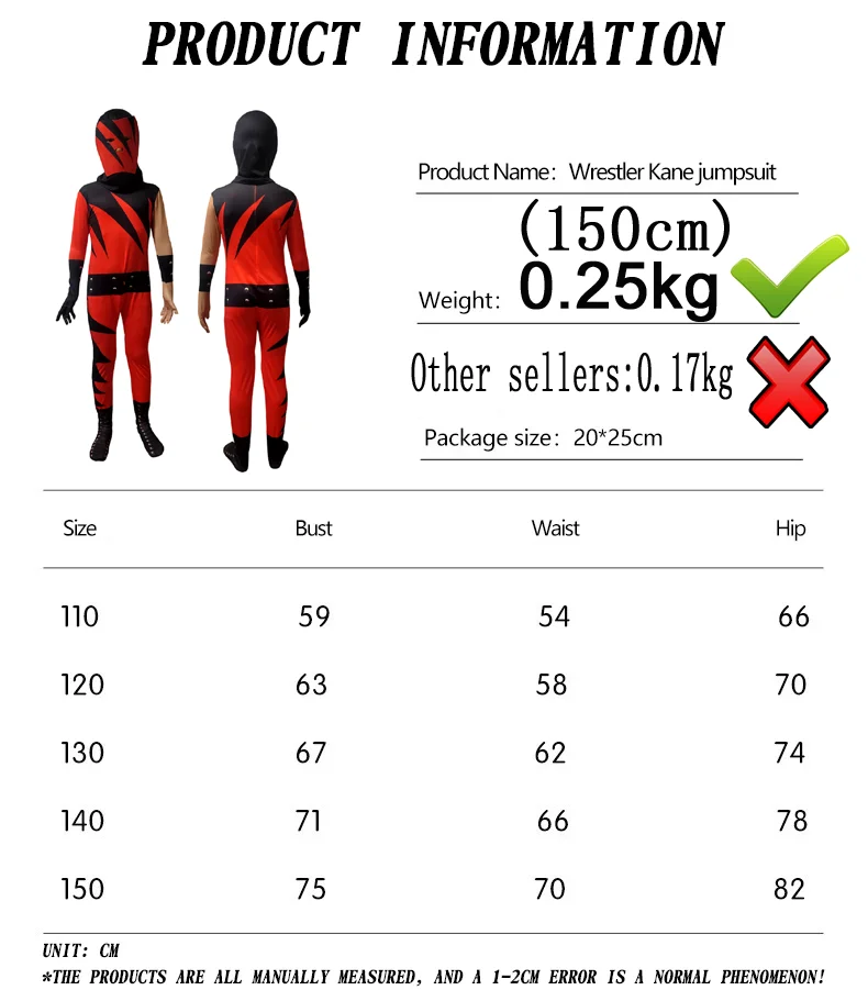 Red Devil Kane Jumpsuit Childrens Cosplay Costume Tight Fitting Wrestling Outfit Halloween Superstar Wrestler Bodysuit Kids