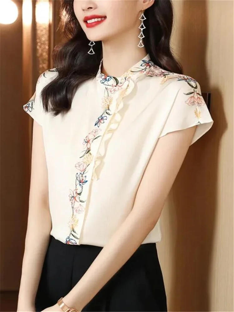 Silk Blouses Short Sleeve For Women Summer Tops Fashion Retro Printed Top Woman Shirt OL Simple Button Shirt Ruffle Female Blous