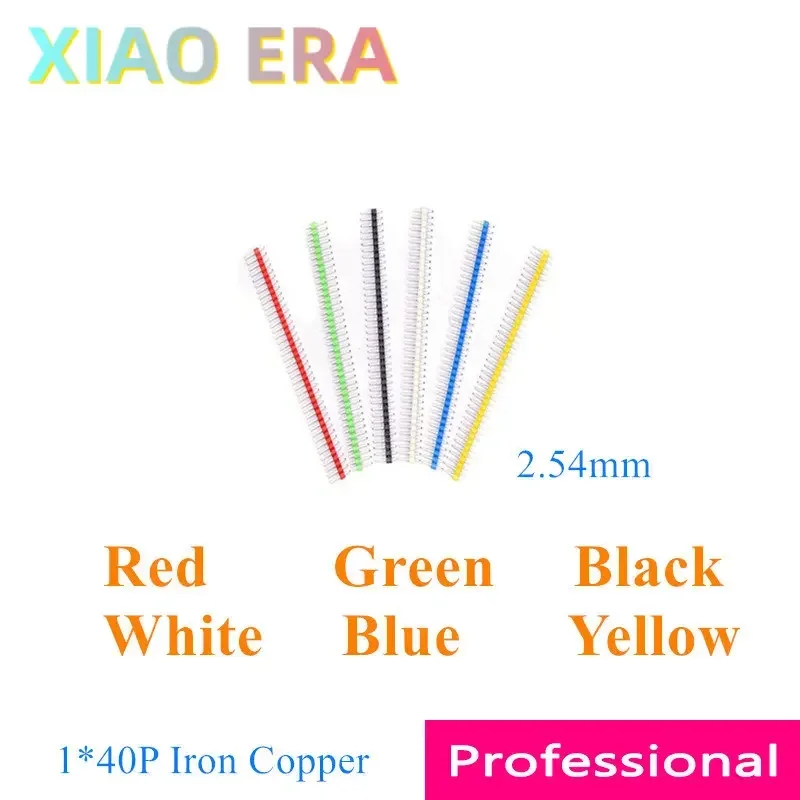 200pcs 1*40P Red Green Black White Blue Yellow Male 2.54mm 40P Pin Header Strip Single Row Straight pins Iron Copper