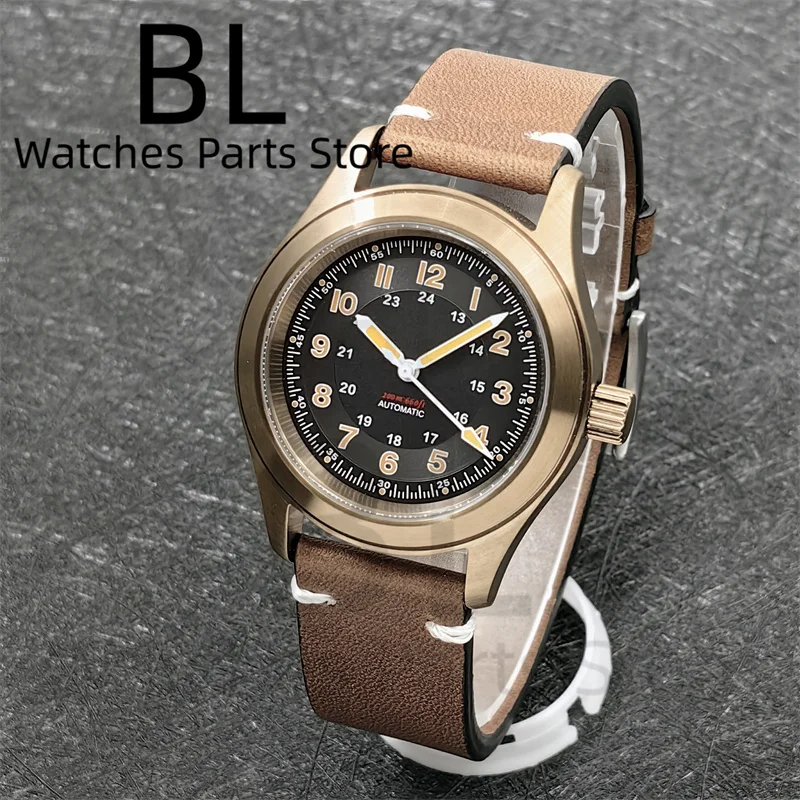 BLIGER 36mm39mm NH35 Automatic Retro Bronze Field Pilot Men\'s Watch Sapphire Glass Green Luminous Dial Leather Strap Screw Crown