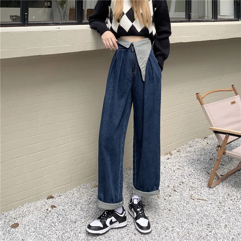 Spliced Jeans Pants Spring 2023 New High Waist Loose Wide Leg Pants Fashion Ins Denim Pants Women's Casual Trousers