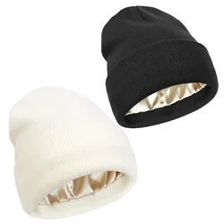 Unisex Satin Lined Antystatyczna czapka beanie dla kobiet Zimowa jedwabna podszewka Slouchy Warm Cuffed Skullies 2-warstwowa czapka do spania na włosy