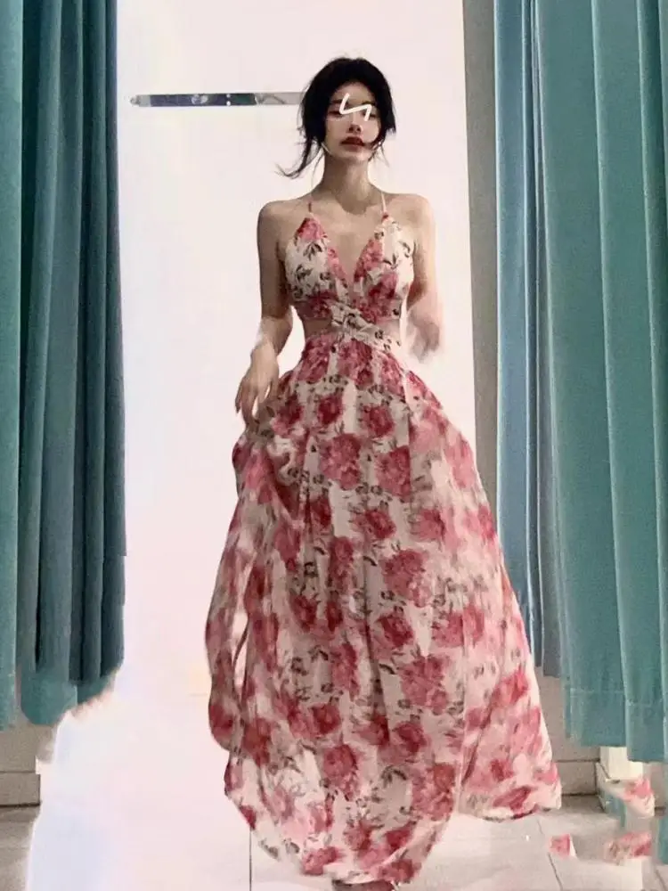 

Halter V Neck Hollow Out Rose Print Long Women Fashion Sleeveless Backless High Split Elegant Ruched Dress Holiday Summer